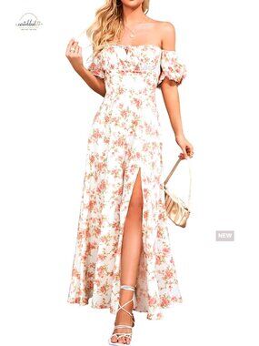 Puff Sleeve Floral Maxi Dress with High Slit, Backless A-Line Summer Dress